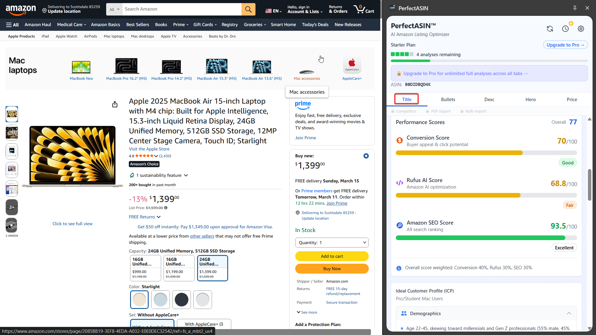 PerfectASIN Chrome extension open on an Amazon product page — title scoring, Rufus AI analysis, and AI-optimized variations in the side panel